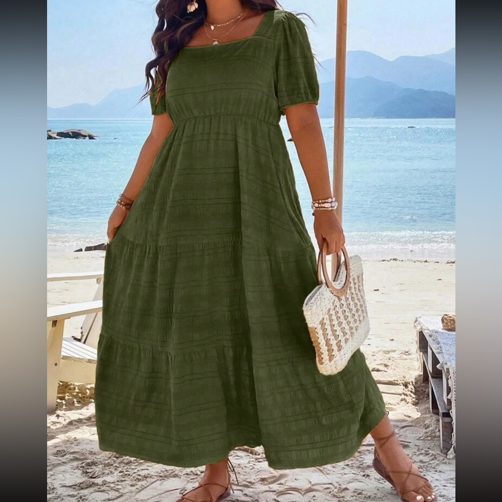 Boho plus size comfy square neck puff sleeve ruffle hem maxi dress